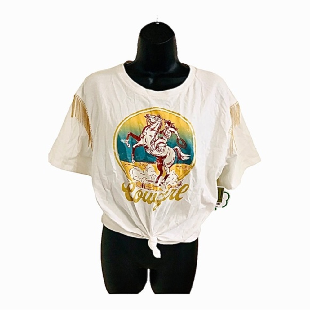 Rodeo Cowgirl gold fringe tassels‎ White Cotton tee shirt size medium new